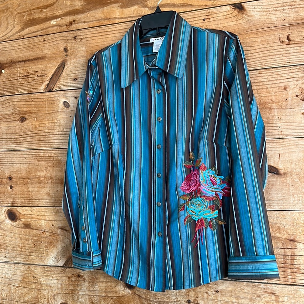 Vintage Jendo Floral Embroidered striped button up shirt